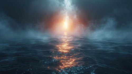 光の道が導く海面の水平線、霧の中へ消える光と霧