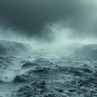 霧に包まれた岩だらけの荒涼とした荒野風景の写真