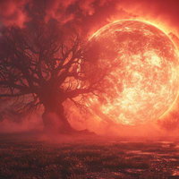 焦熱の太陽が照らす世紀末の荒野と焼け焦げた巨木の写真