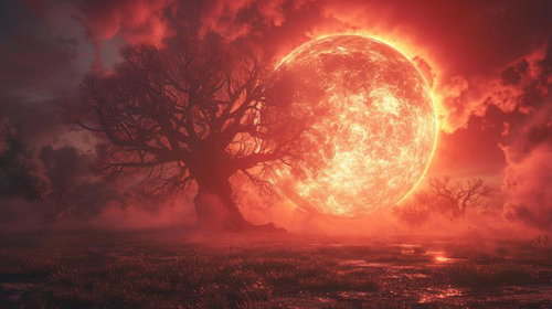 焦熱の太陽が照らす世紀末の荒野と焼け焦げた巨木