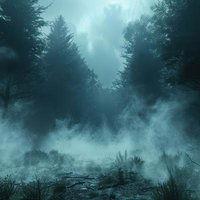 霧に包まれた青白い光の異世界風の森林 - ダークファンタジー背景の写真