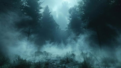 霧に包まれた青白い光の異世界風の森林 - ダークファンタジー背景