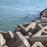 海岸の消波ブロックとテトラポット、防波堤による防災対策の写真