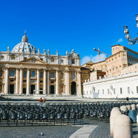 サン・ピエトロ広場の庭を歩くハトの写真