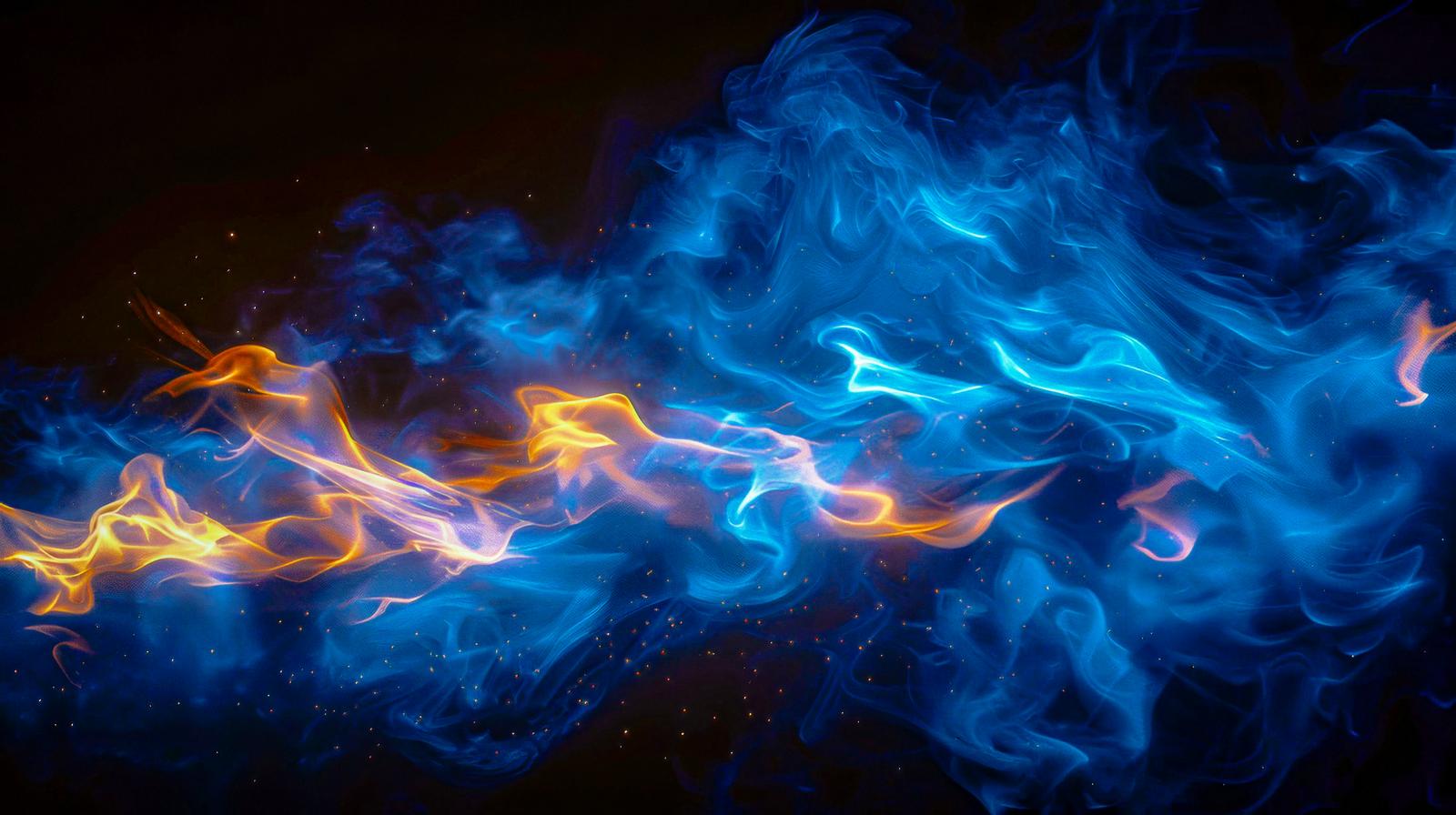 青とオレンジ色の炎が交差する幻想的なアート調の画像