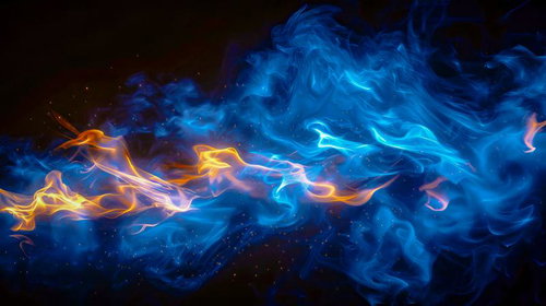 青とオレンジが交差する幻想的な炎のアート