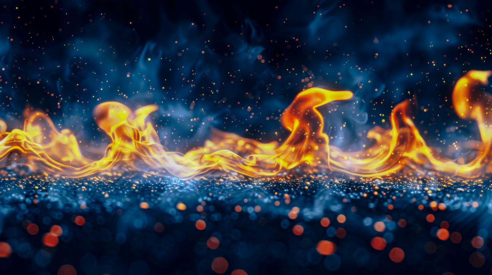 青とオレンジ色に光る炎がゆらめく抽象的なエフェクト画像