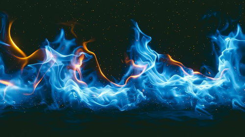 青い炎が連なる光の流れ、テクノロジーとエネルギーを表現したデジタルエフェクト