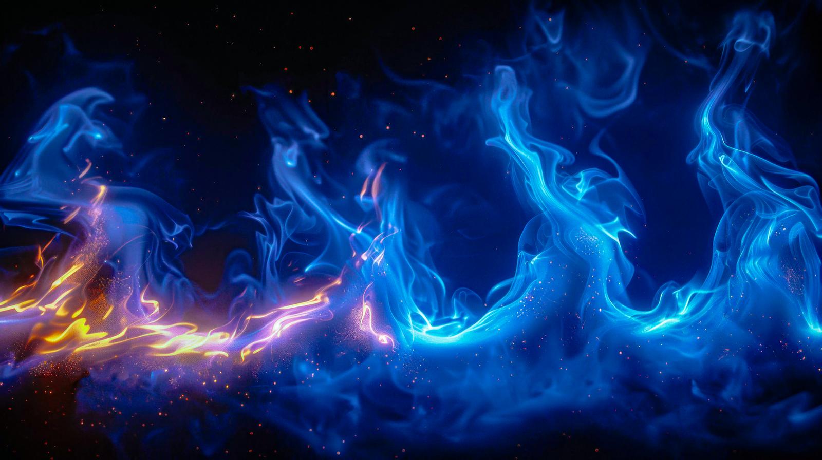 青と黄金色の炎が交差し発光する火柱のデジタルアート