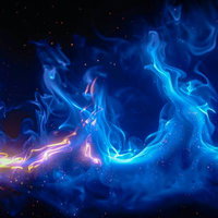 青い火炎と黄金色の炎が交差する幻想的な火柱のデジタルアートの写真