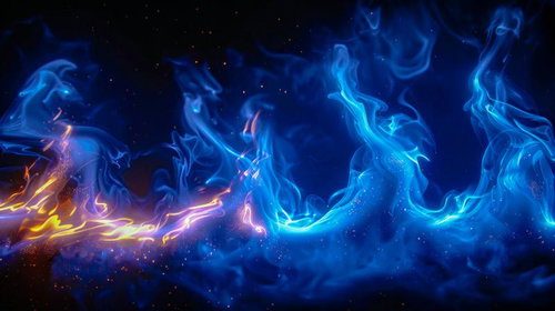 青い火炎と黄金色の炎が交差する幻想的な火柱のデジタルアート