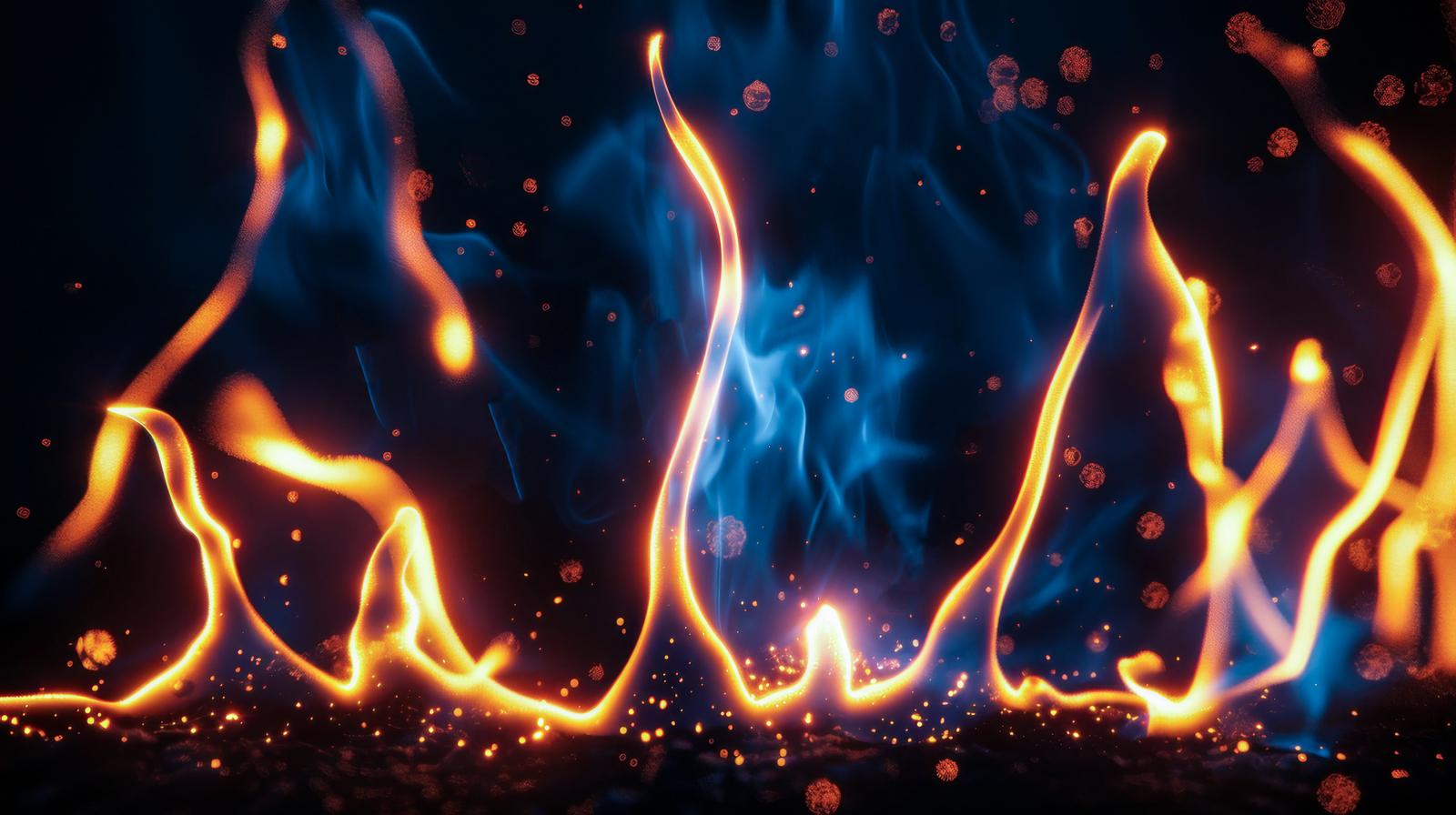 青い光と黄金色の炎が交差し、オレンジの粒子が浮遊する幻想的な光景