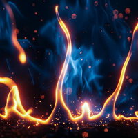 青い光と炎が交差する幻影｜テクノロジーSF背景の写真