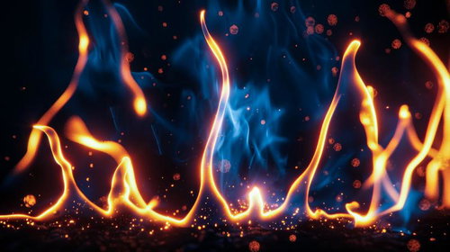 青い光と炎が交差する幻影｜テクノロジーSF背景