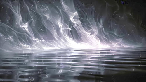 水面の反射と光の交錯が生まれる蒸気霧の風景