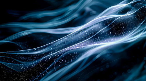 滑らかに流れる光の筋が描く青白い揺らぎの波紋