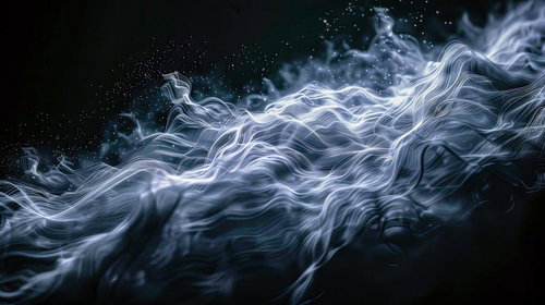 複雑に絡み合う青白い光の波が流動する立体的なデジタルアート