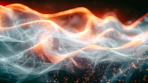 調和する光跡と粒子が舞う波状の光の流れ - 発光エフェクト