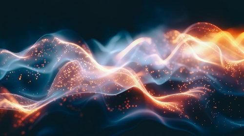 輝く橙色の粒子と滑らかに流れる光の波がねじれる