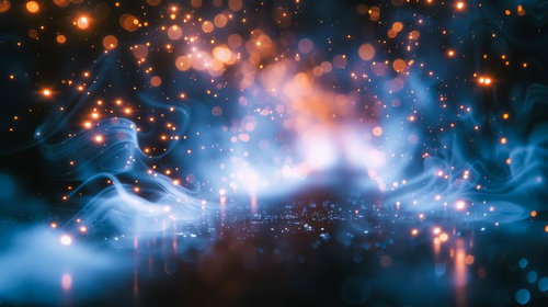青い光と弾けるオレンジ色の粒子が舞う抽象空間