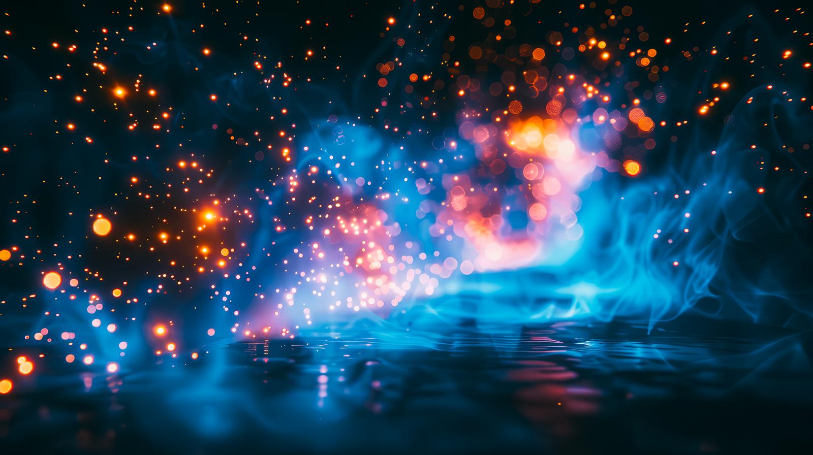 青白い炎と弾ける光の粒子が水面を焦がす抽象的な光の画像