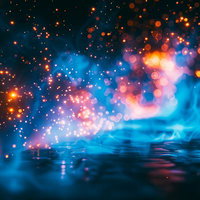 水面を焦がす青白い炎と弾ける光の粒子が散乱するエネルギー表現の写真