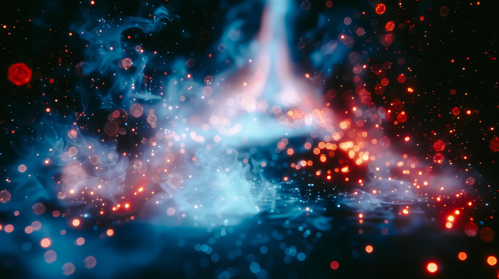 暗闇で青とオレンジの光の粒子が弾け飛ぶ画像