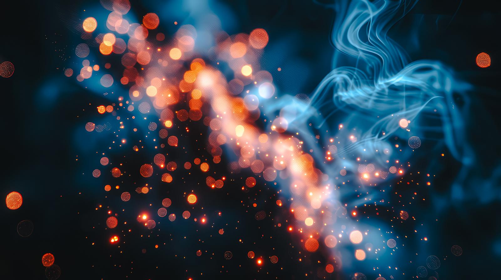 オレンジと青に発光する光の粒子が暗い背景で弾け飛ぶエネルギー表現