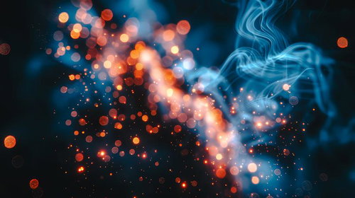 オレンジと青い光が交差する光跡と煙の幻想表現