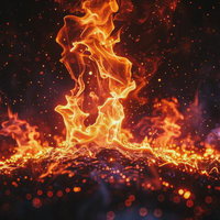 黒い背景に燃え立つ炎と火柱のダイナミックなエネルギー表現の写真