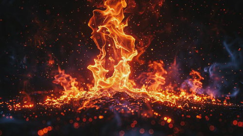 黒い背景に燃え立つ炎と火柱のダイナミックなエネルギー表現
