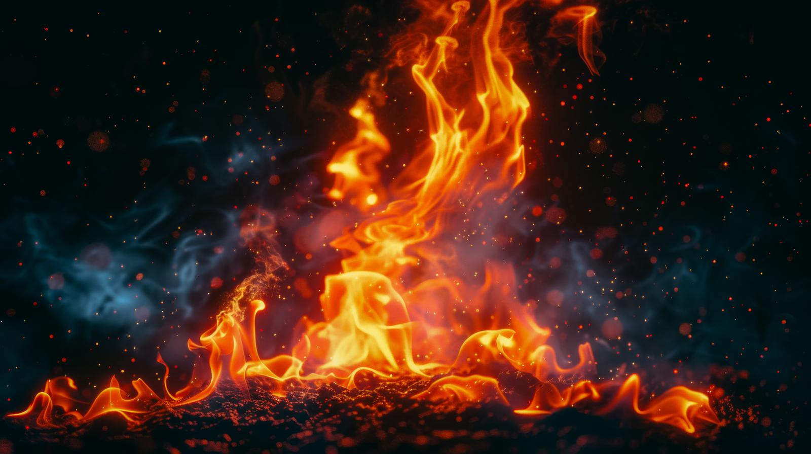 オレンジと黄色に燃え盛る火柱が暗い背景で火花を散らしている