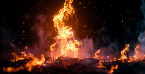 エネルギー渦巻くオレンジと紫の炎のデジタルアート背景