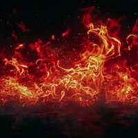 燃え続ける炎と火の粉が舞う光景：黒背景で輝く赤黄色の炎の写真