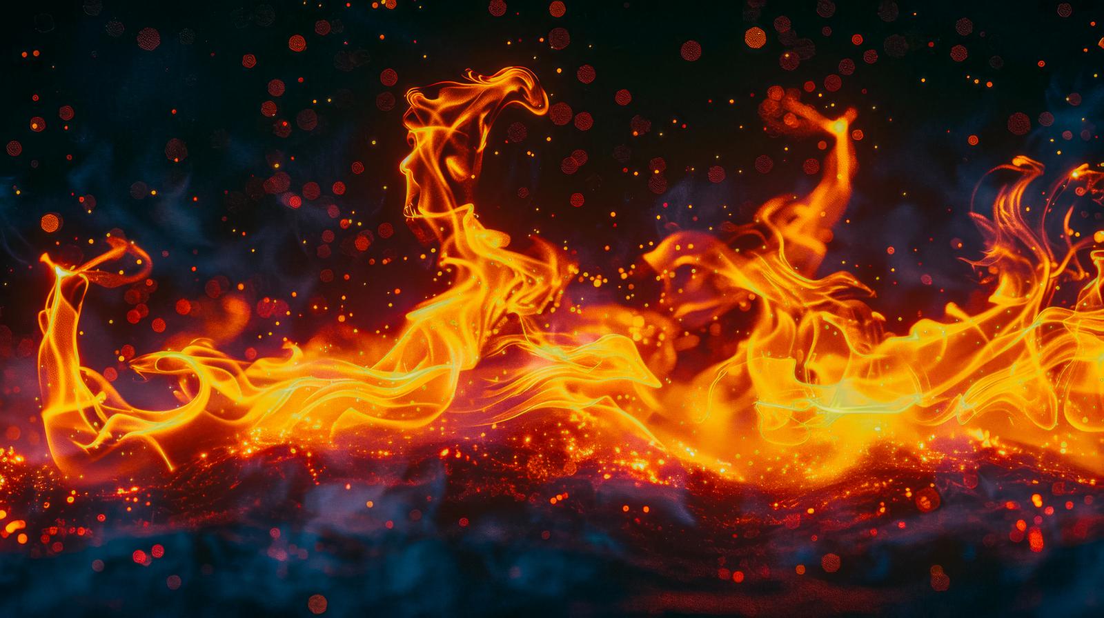 黒い背景で黄色とオレンジ色の炎が激しく燃え盛り、赤い火の粉が散乱する画像