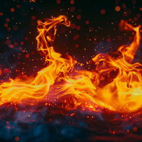夜の静寂を破る燃え上がる火炎と火の粉が舞う炎の写真