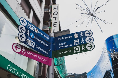 アンドラの首都に設置された多方向の案内板