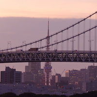 夕方のオレンジの空に東京タワーとレインボーブリッジが並ぶ風景の写真