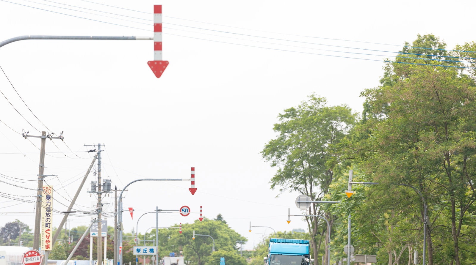道路沿いに連続して設置された白い矢印の視線誘導柱