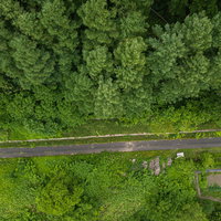 東明駅から伸びる美唄鉄道の廃線跡を上空から撮影の写真