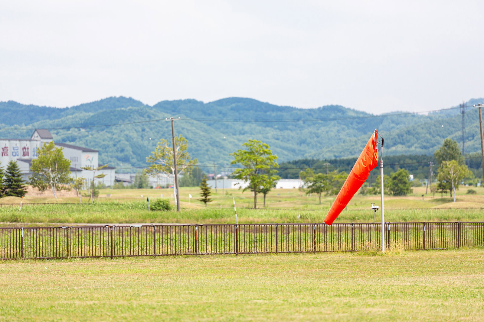 緑の芝生に設置された赤い風速計と背景の山々
