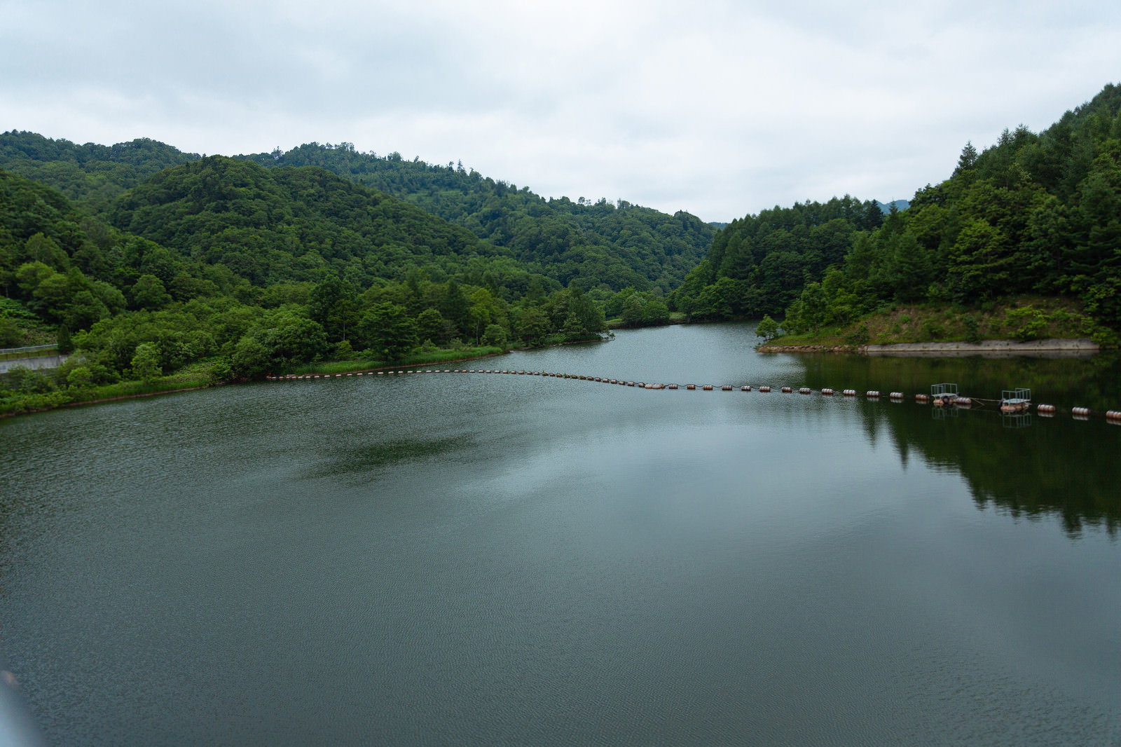 美唄湖のフロート列と緑の山林