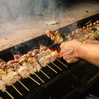 炭火で大量に並べられた美唄焼き鳥をひっくり返すの写真