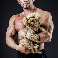 子犬を優しく抱くボディビルダーの写真