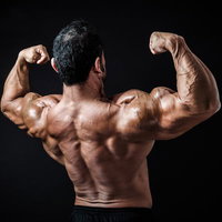 背中を向けてダブルバイセップスポーズを決めるボディビルダー男性の写真