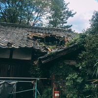 屋根に穴が空き無残に倒壊していく廃屋の風景の写真
