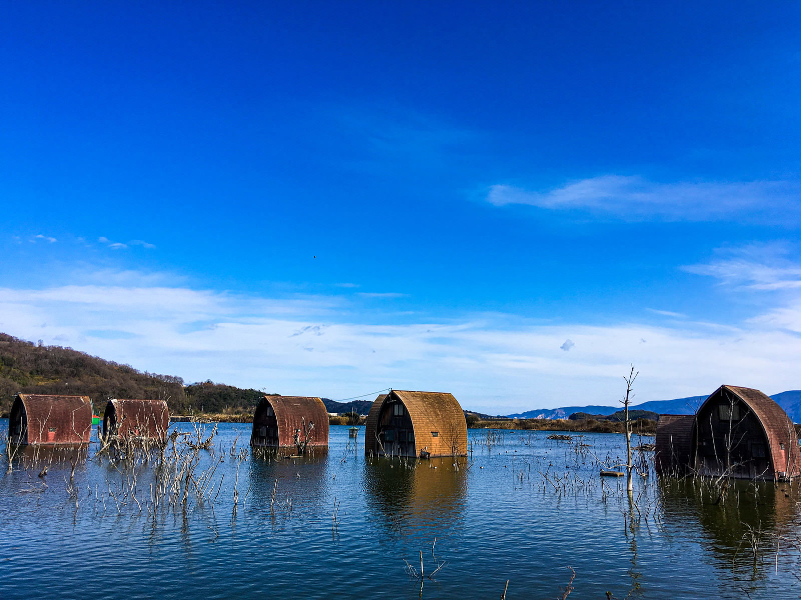 青空の下、静かな水面に水没したペンションと立ち枯れた木々が佇む風景