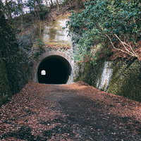 出口が奥のほうに見えるJR福知山線廃線敷のトンネル入口の写真