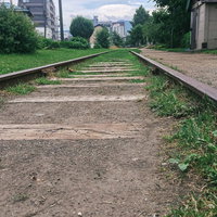 小樽にある廃線跡の錆びたレール - 北海道の産業遺産の写真