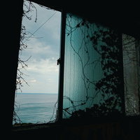 アンニュイな廃墟の窓から見える海と蔦が絡まる古い建物の写真